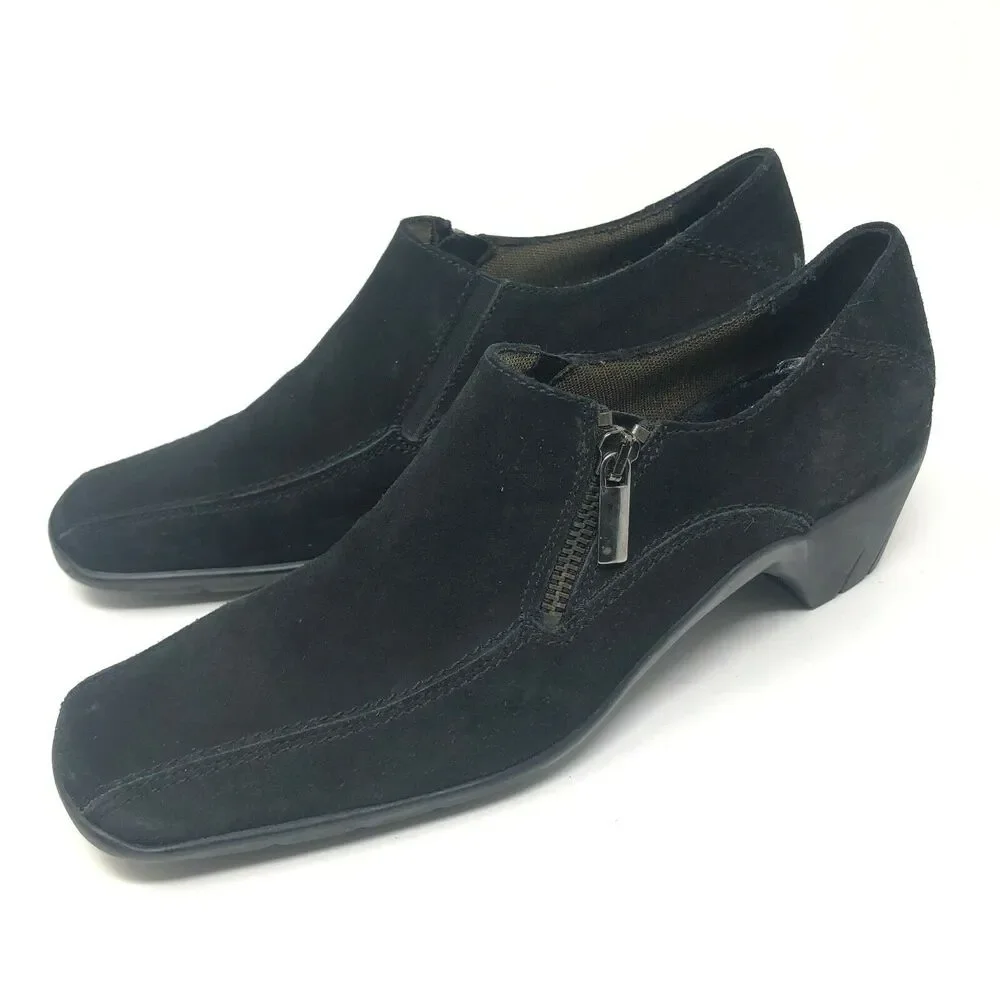 Aquatalia Square‎ Toe Heel Loafer Womens 9 Black Suede Side Zip Stitched Italy